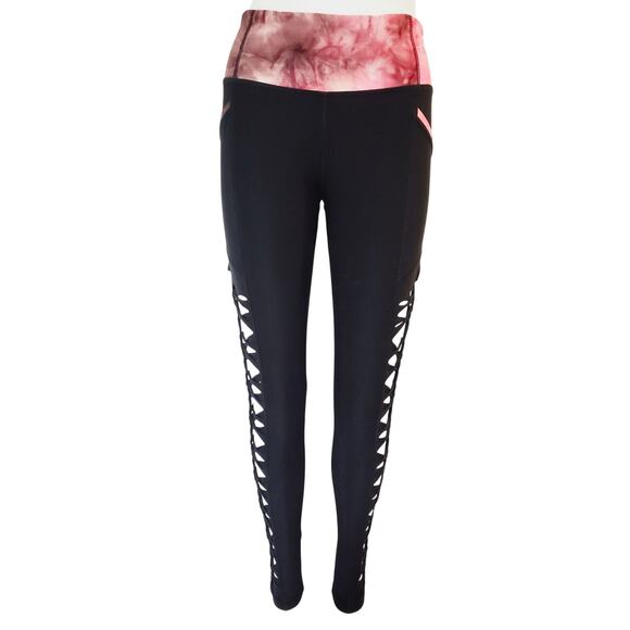 YOGINI - LARGE - Women's/ Junior Non-See Through High Waist Pink Black Leggings - Picture 3 of 4